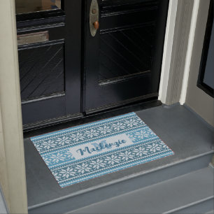 Snowflake Nordic Blue Sweater Pattern Personalized Doormat