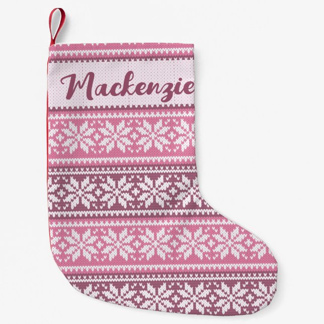 Snowflake Nordic Pink Sweater Pattern Personalized Small Christmas Stocking (Front)
