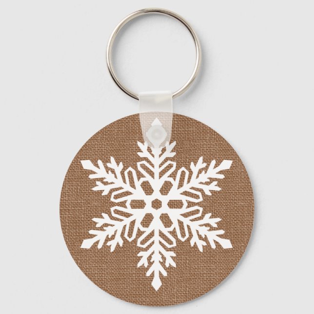 Snowflake on Burlap Rustic Christmas Keychain (Front)