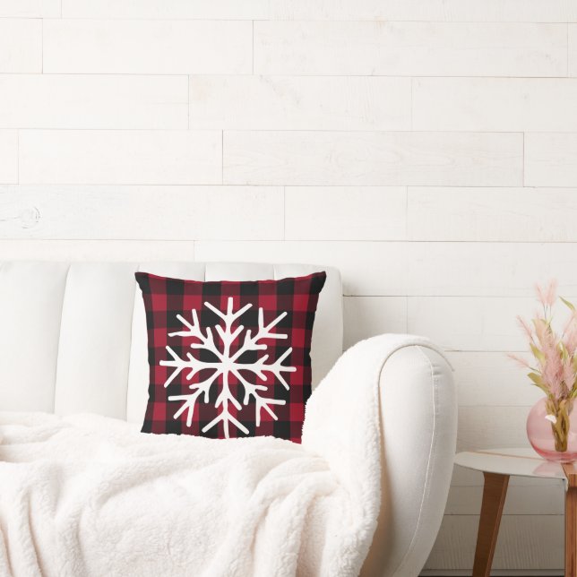 Snowflake on Red, Black Buffalo Plaid Pillow (Couch)