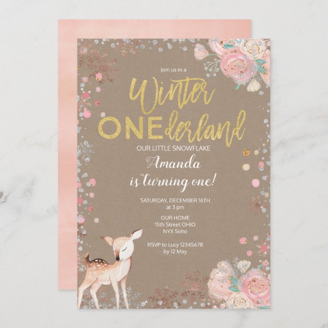Snowflake ONEderland 1st Birthday Invitation kraft (Front/Back)