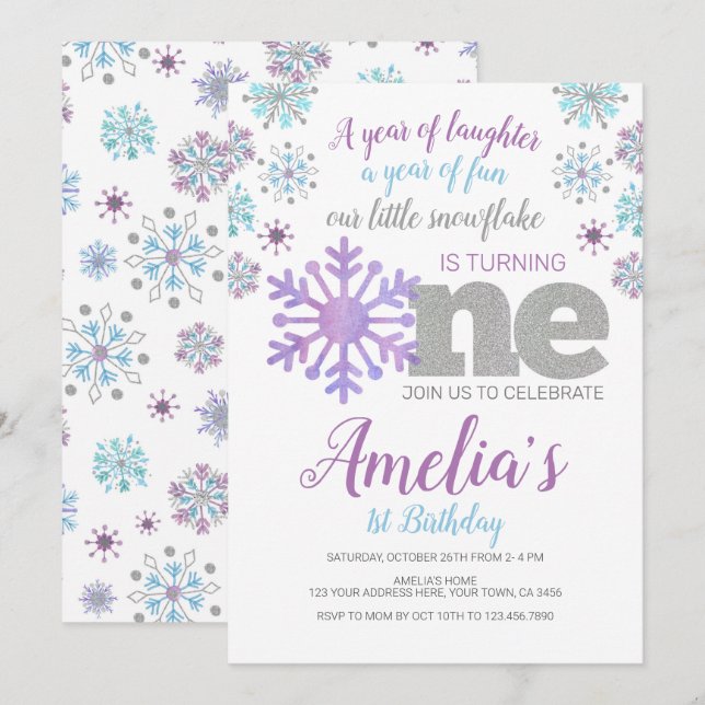 Snowflake, ONEderland Invitation (Front/Back)
