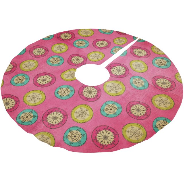Snowflake Orbs on Hot Pink Holiday Tree Skirt (Angled)