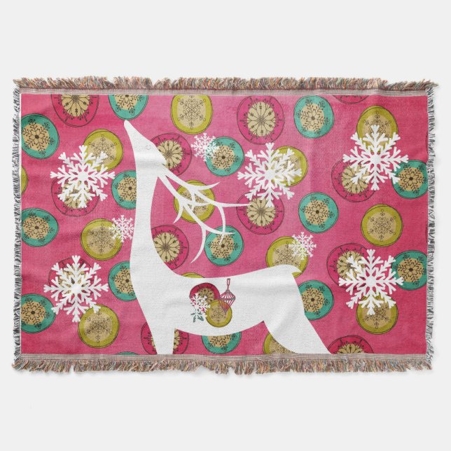 Snowflake Orbs White Deer Holiday Throw (Front)
