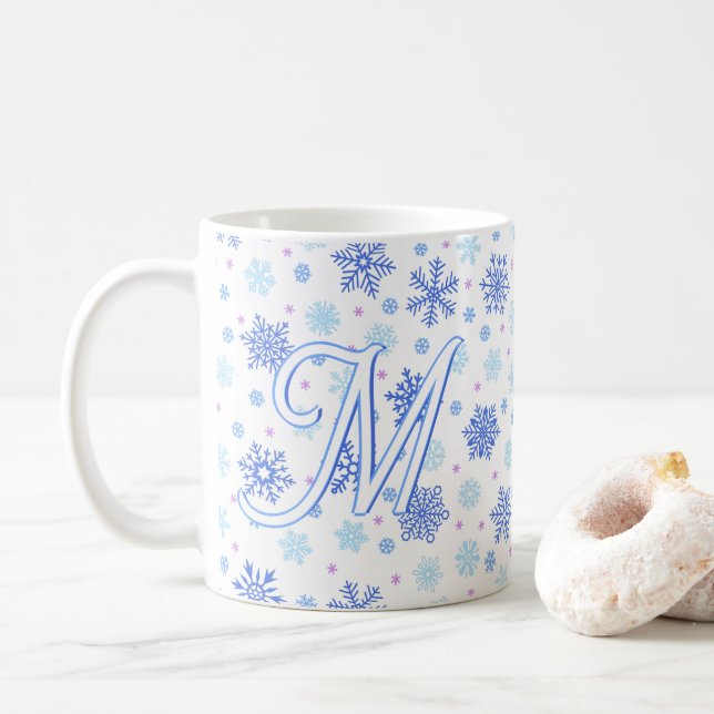 Snowflake Pastel Baby Blue Elegant Script Monogram Coffee Mug (With Donut)