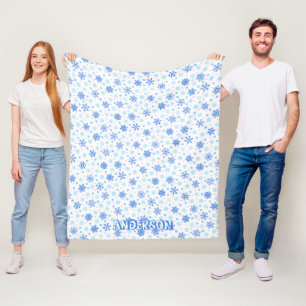 Snowflake Pastel Blue Baby Blue Modern Custom Name Fleece Blanket