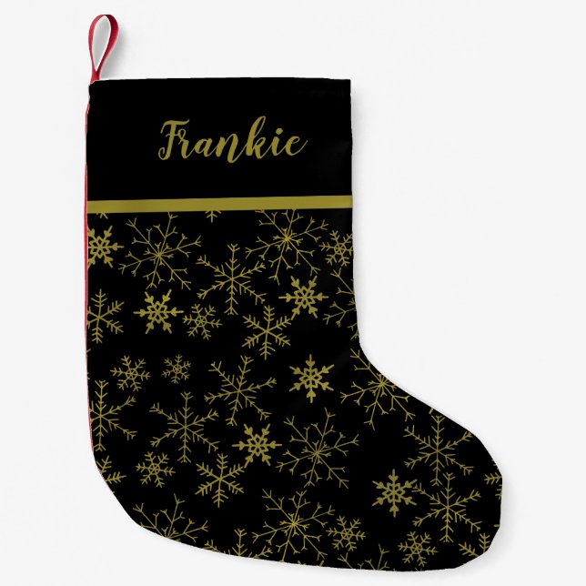 Snowflake Pattern Black and Gold Personalized Small Christmas Stocking (Front)