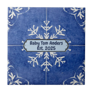 Snowflake pattern blue & white holiday custom name tile