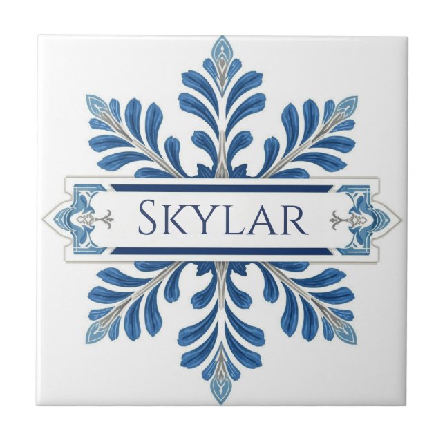 Snowflake pattern blue & white holiday custom name tile (Front)