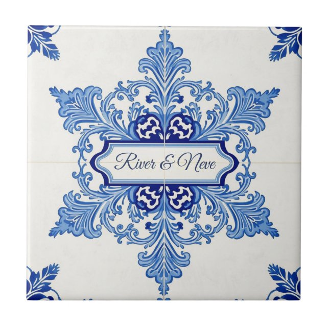 Snowflake pattern blue & white holiday custom name tile (Front)