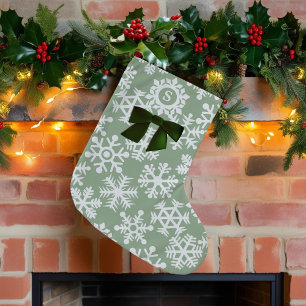 Snowflake Pattern Bow Cute Sage Green Monogrammed Small Christmas Stocking
