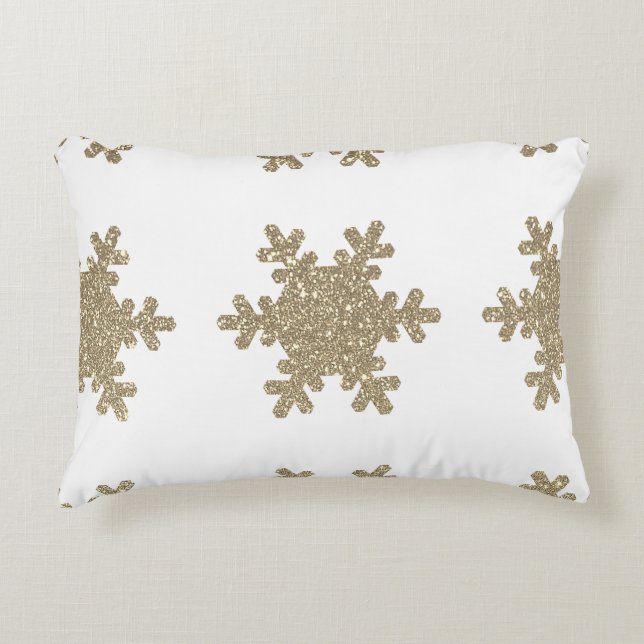 Snowflake Pattern Gold Glitter White Christmas Accent Pillow (Front)