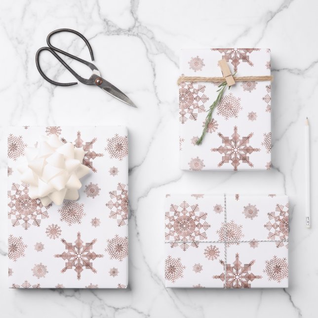 Snowflake Pattern In Faux Rose Gold Looking Colour Wrapping Paper Sheet (Front)