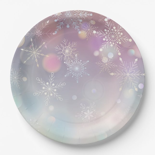 Snowflake Pattern in Soft Pastel Colours Bokeh  Paper Plate (Front)