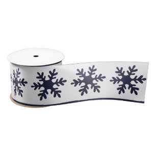 Snowflake Pattern Navy Blue White Holiday  Satin Ribbon