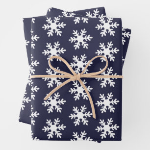 Snowflake Pattern Navy Blue White Holiday Wrapping Paper Sheet