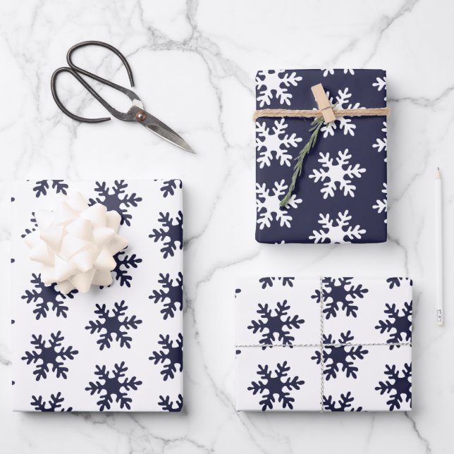 Snowflake Pattern Navy Blue White Holiday Wrapping Paper Sheet (Front)