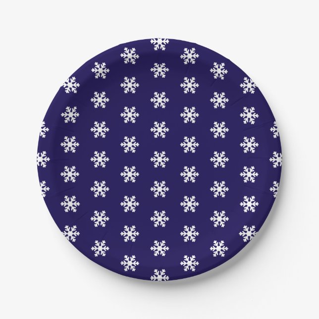 Snowflake Pattern Navy Blue& White Winter Paper Plate (Front)