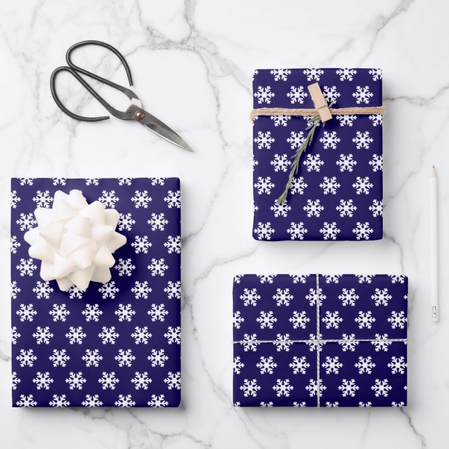 Snowflake Pattern Navy Blue& White Winter Wrapping Paper Sheet (Front)