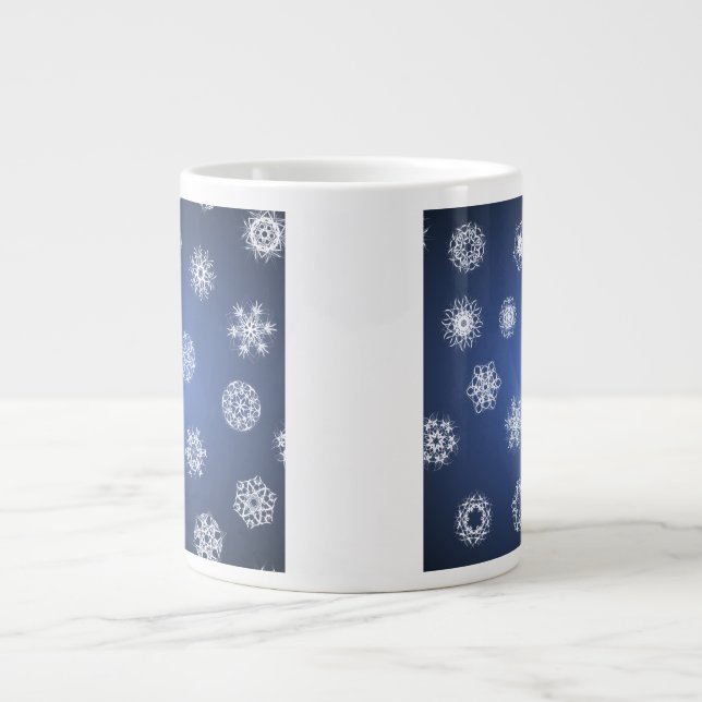 Snowflake Pattern on Blue Background Large Coffee Mug (Front)