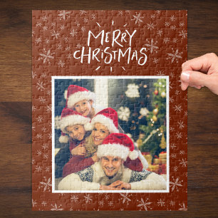Snowflake Pattern on Red Merry Christmas Photo Jig Jigsaw Puzzle