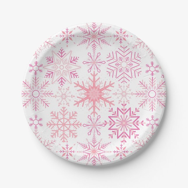 Snowflake pattern Pink Paper Plate (Front)