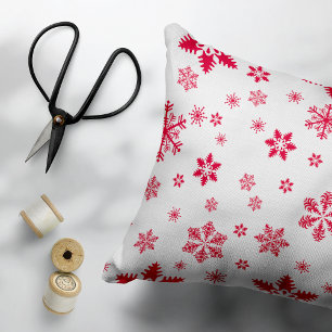 Snowflake Pattern, Red Snowflakes, Snow, White Accent Pillow