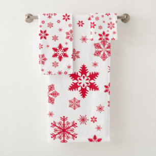 Snowflake Pattern, Red Snowflakes, Snow, White Bath Towel Set