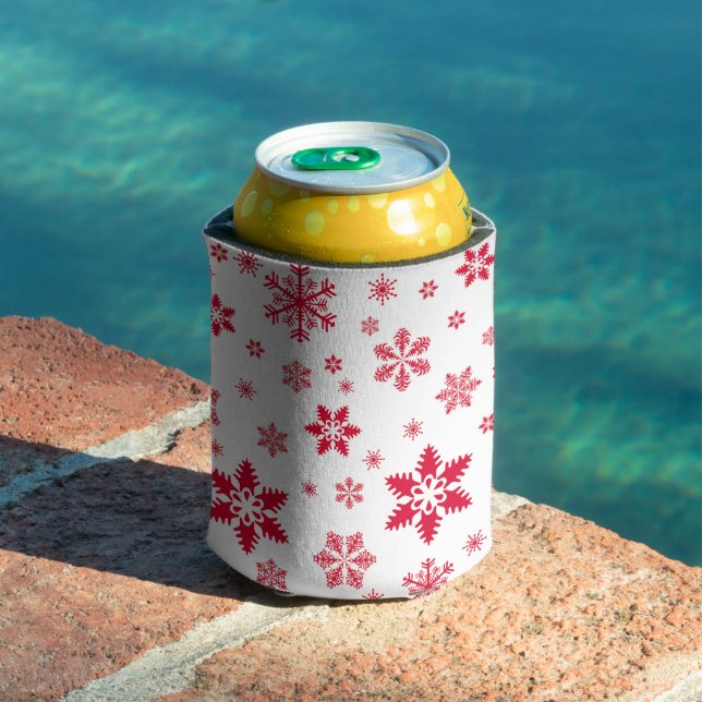 Snowflake Pattern, Red Snowflakes, Snow, White Can Cooler (In Situ Pool)