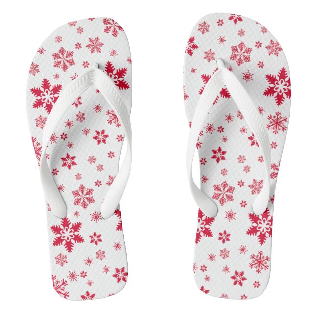 Snowflake Pattern, Red Snowflakes, Snow, White Flip Flops (Footbed)