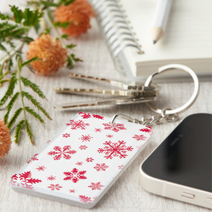 Snowflake Pattern, Red Snowflakes, Snow, White Keychain