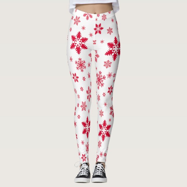 Snowflake Pattern, Red Snowflakes, Snow, White Leggings (Front)
