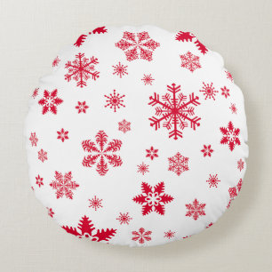 Snowflake Pattern, Red Snowflakes, Snow, White Round Pillow