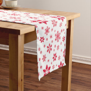 Snowflake Pattern, Red Snowflakes, Snow, White Short Table Runner