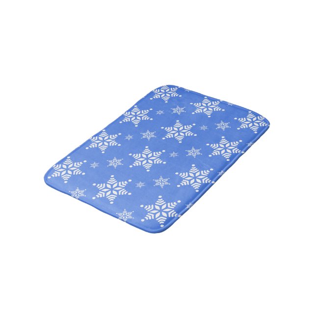 Snowflake Pattern, White Snowflakes, Snow, Blue Bath Mat (Angled)