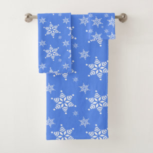 Snowflake Pattern, White Snowflakes, Snow, Blue Bath Towel Set