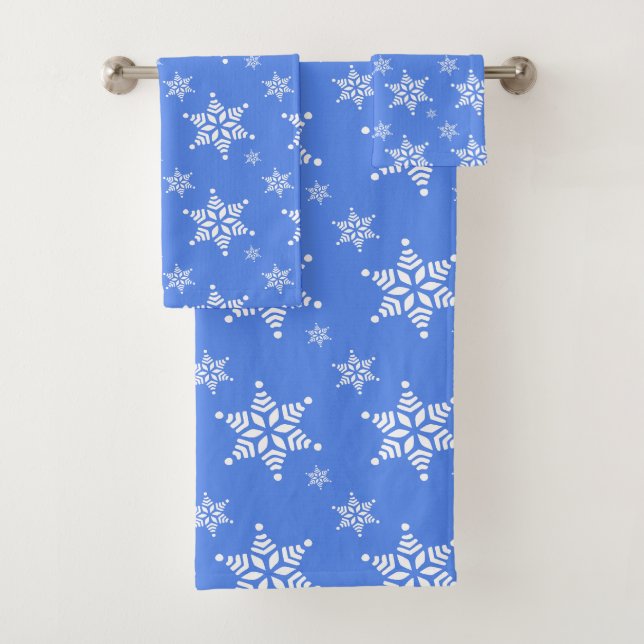 Snowflake Pattern, White Snowflakes, Snow, Blue Bath Towel Set (Insitu)