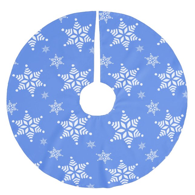 Snowflake Pattern, White Snowflakes, Snow, Blue Brushed Polyester Tree Skirt (Front)