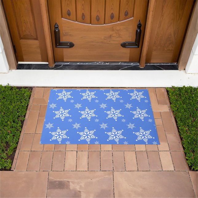 Snowflake Pattern, White Snowflakes, Snow, Blue Doormat (Outdoor)