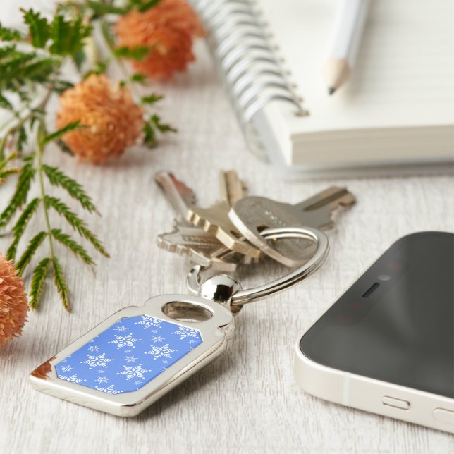 Snowflake Pattern, White Snowflakes, Snow, Blue Keychain (Side)