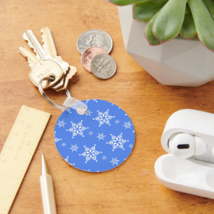 Snowflake Pattern, White Snowflakes, Snow, Blue Keychain