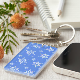 Snowflake Pattern, White Snowflakes, Snow, Blue Keychain