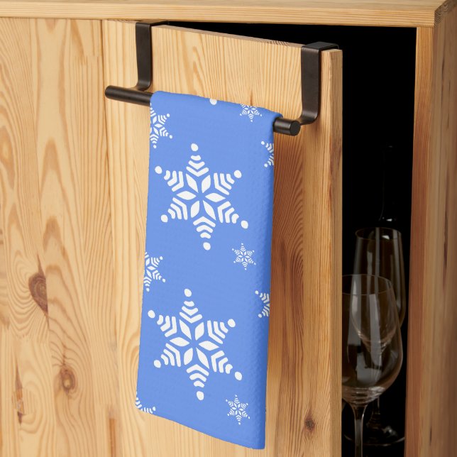 Snowflake Pattern, White Snowflakes, Snow, Blue Kitchen Towel (Thirds Fold)