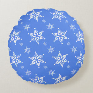 Snowflake Pattern, White Snowflakes, Snow, Blue Round Pillow