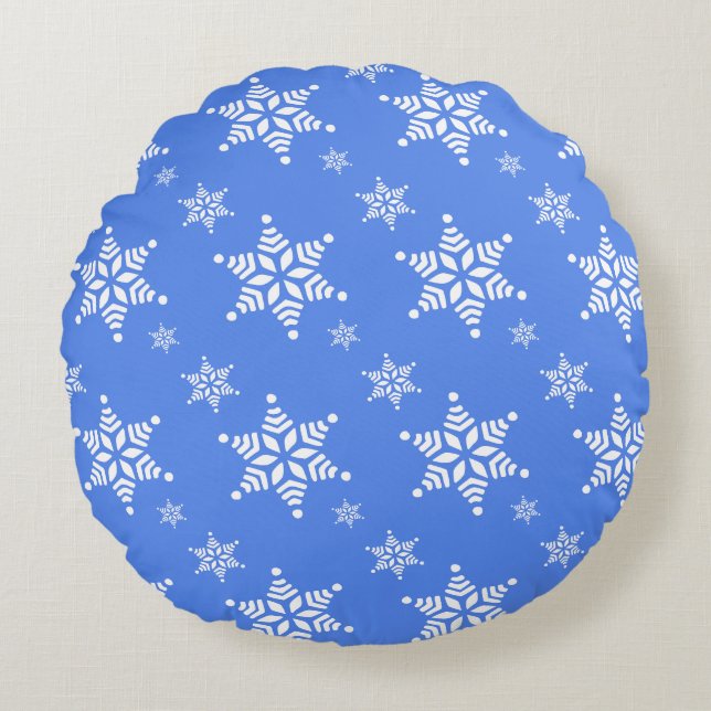 Snowflake Pattern, White Snowflakes, Snow, Blue Round Pillow (Front)