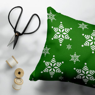 Snowflake Pattern, White Snowflakes, Snow, Green Accent Pillow