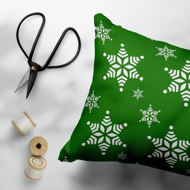 Snowflake Pattern, White Snowflakes, Snow, Green Accent Pillow (Creator Uploaded)