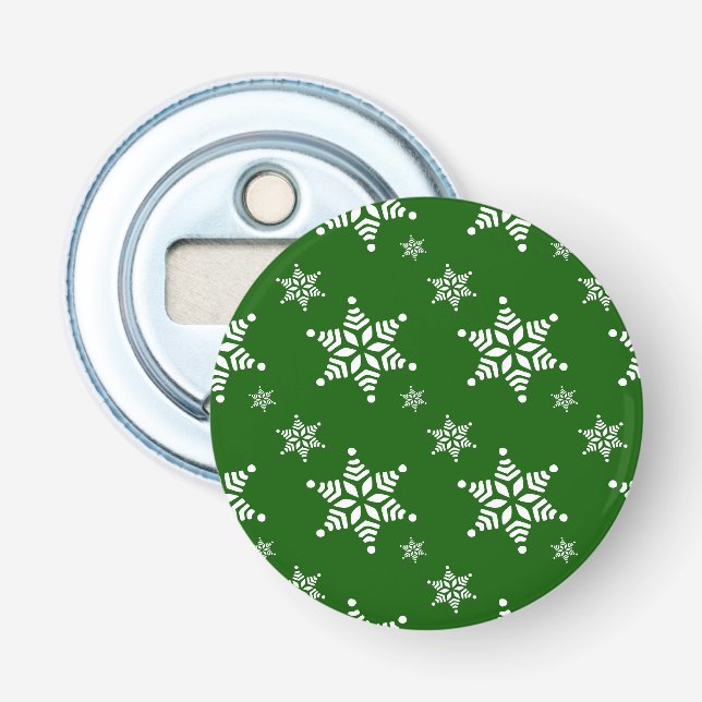 Snowflake Pattern, White Snowflakes, Snow, Green Bottle Opener (Front)