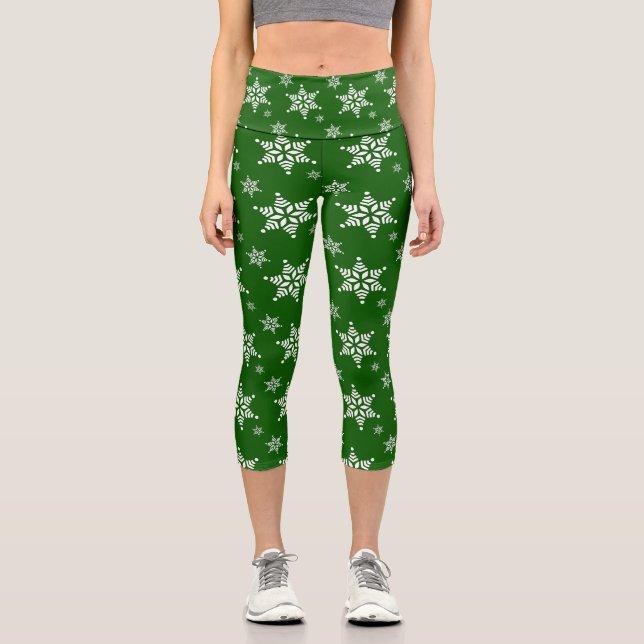 Snowflake Pattern, White Snowflakes, Snow, Green Capri Leggings (Front)