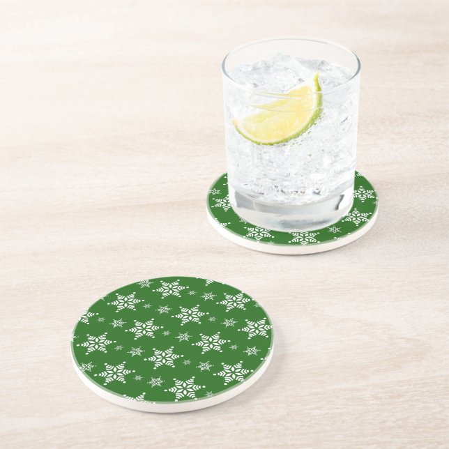 Snowflake Pattern, White Snowflakes, Snow, Green Coaster (Side)
